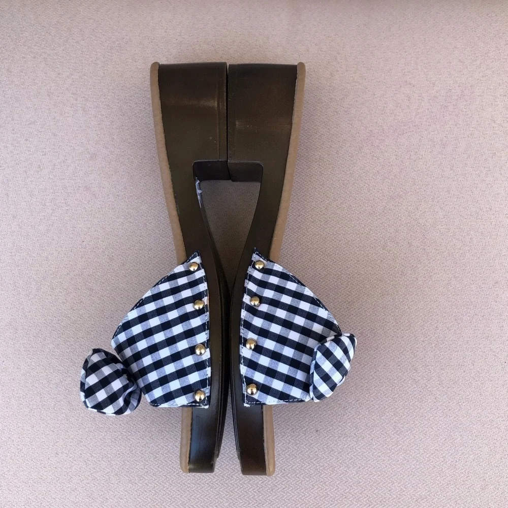 Comfort est 1946 Gingham Blue White Bow Versatile Slide Mule Clog Sandal 10